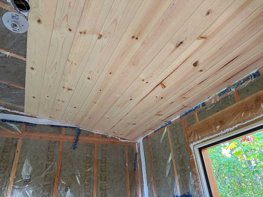 October 17, 2025. Installed half the tongue-and-groove ceiling boards.