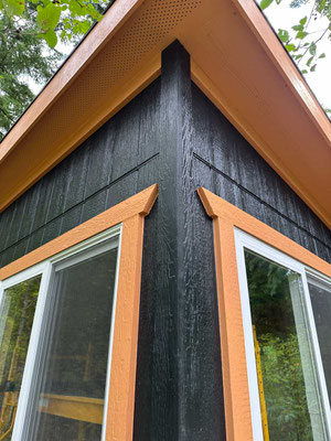 August 28, 2025. Installed the last exterior trim board. All that's left is caulking and touch-up painting. Note the top corner trim design.