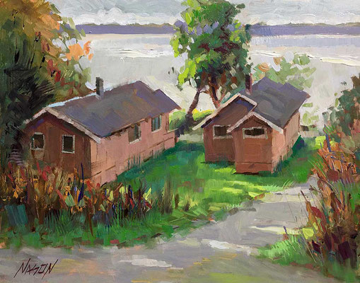 "Cama Beach Cabins" • Oil on board • 11" x 14" • $300