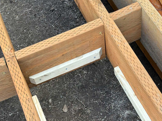 March 31, 2025. I began cutting and mounting small boards within each floor joist bay, to support future plywood sheets which will in turn support foam insulation.
