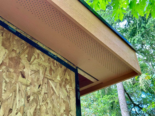 June 18, 2015. Here I began installing the soffit boards. I first cut them to size, glued screens to the backs where the vent holes are, and painted them with 2 coats of primer and 2 coats of paint.