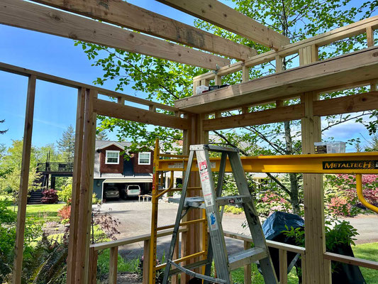 April 27, 2025. A wider view showing the ceiling joists and knickknack shelf.