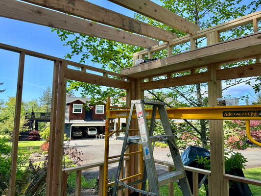 April 27, 2025. A wider view showing the ceiling joists and knickknack shelf.