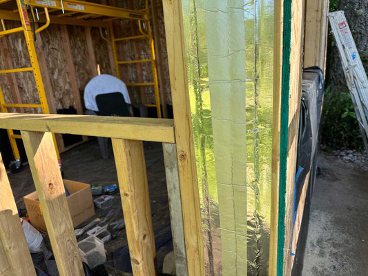 May 27, 2025. Foam insulation taped with flashing tape from the outside of the "California Corners."