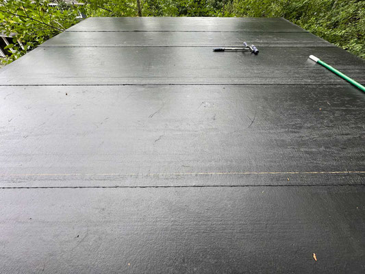 June 12, 2025. The completed GAF Base Layer is shown here with the proper overlap. This layer is quite slippery, so great care had to be taken to not slide off the roof.
