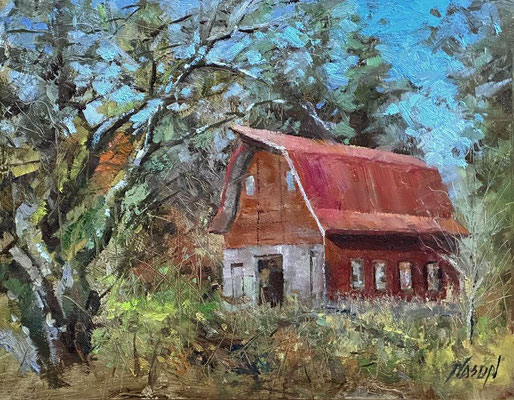 "Barn in the Brush" • Oil on board • 11" x 14" • $300