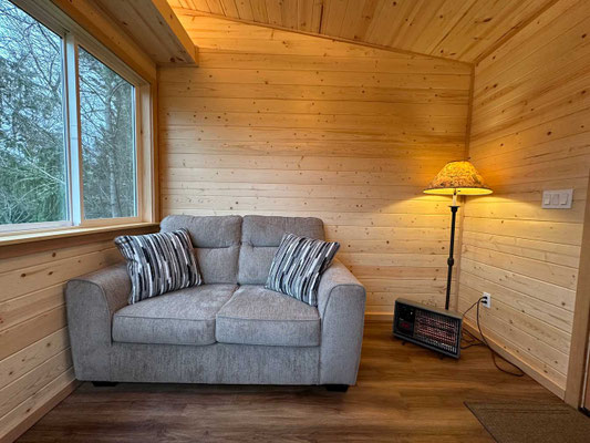 December 18, 2025. View of loveseat and temporary lamp, and heater.