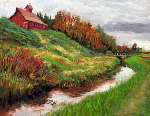 "Barn Above the Levee" • Oil on board • 11" x 14"