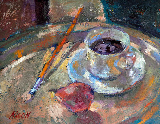 "Still Life with Coffee, Brush, and Pear" • Oil on board • 11" x 14" * NFS