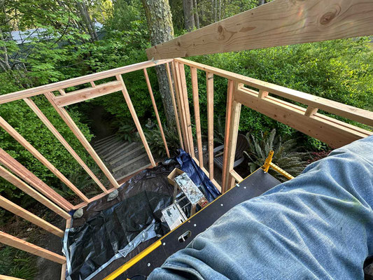 April 26, 2025. I notched the first ceiling joist and cut it to size, then lifted it into place and fastened it using hurricane ties.