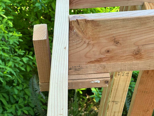 May 2, 2025. One of several brackets I made which enabled me to hoist and attached the high sub-fascia boards into place.