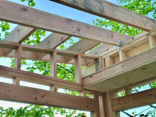 May 5, 2025. This shows the "ladder" I constructed to create a roof overhang on the sides of the structure. Note that the slanting portion above each of the side walls had to be built at precisely the same angle as the slope of the ceiling joists.