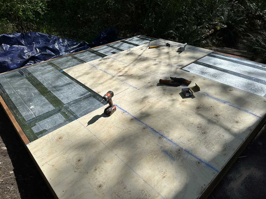 April 13, 2025. 3/4" plywood was fastened to the joists, forming the floor.