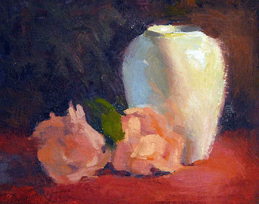 "Still Life with White Vase and Roses" • Oil on board • 8" x 10" • NFS