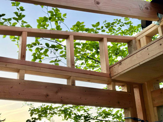 April 29, 2025. Since the lean-to roof is slanted, the side walls must slant as well. Here I've built the slanting portion above the left side wall.