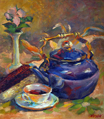 "Still Life with Blue Teapot and Corn" • Oil on canvas • 20" x 16" • NFS