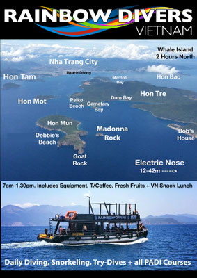 Rainbow Divers Vietnam PADI Dive Center | PADI Specialty Course Vietnam Dive Boat and Aerial Map Image