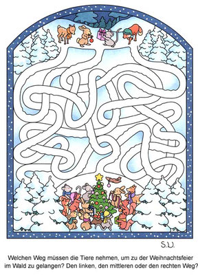 Weihnachtsrätsel, Labyrinth mit Tieren und Weihnachtsbaum, Bilderrätsel