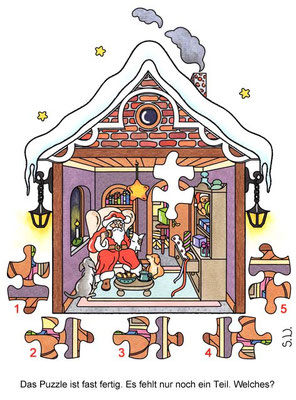Weihnachtsrätsel, Suchbild, Weihnachtsmann in seinem Haus, Puzzle, Bilderrätsel