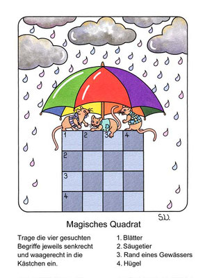 Magisches Quadrat, Mäuse mit Regenschirm und Wolken, Bilderrätsel