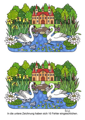 Fehlersuchbild, Schwäne im Teich mit Schloss, Bilderrätsel