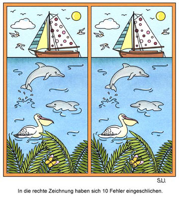 Fehlersuchbild, Segelboot und Delfine auf dem Meer, Bilderrätsel