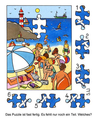 Suchbild, Kinder am Strand mit Leuchtturm, Puzzle, Bilderrätsel