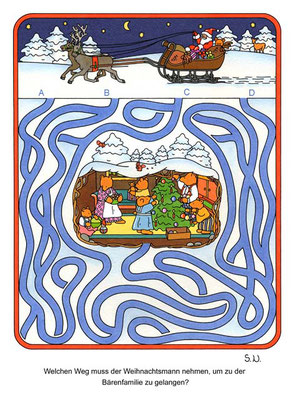 Weihnachtsrätsel, Labyrinth mit Weihnachtsmann und Bären in einer Höhle, Bilderrätsel