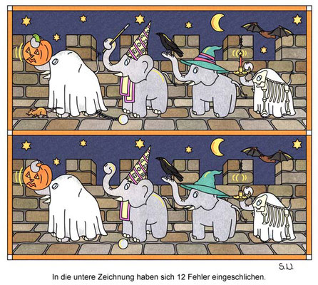 Fehlersuchbild, Elefanten feiern Halloween, Bilderrätsel