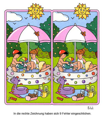 Fehlersuchbild, Kinder im Planschbecken mit Sonnenschirm, Bilderrätsel