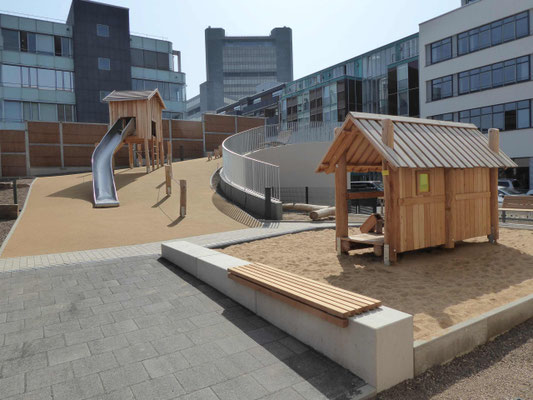 Ansicht Spielbereich mit Langhaus und Aufstieg Bergsteigerhütte