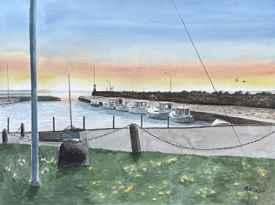 MatsMüller, Afton i Lerbergets hamn, 56x42cm