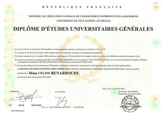 Licence Psychologie Scientifique (L3 : 2005 / L2 DEUG validé en 2005)
