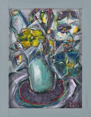 STRAUSS MIT TÜRKISFARBENER VASE - Acryl 2005 27x21