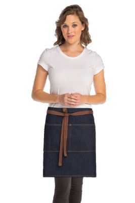 AW048-IBL MANDIL CORTO DE MEZCLILLA INDIGO DETALLES CAFE MARCA CHEFWORKS