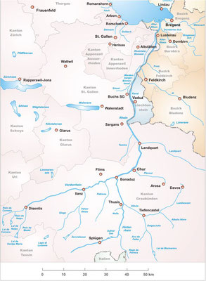Karte Oberes Rheintal Quelle Rhein bis Bodensee