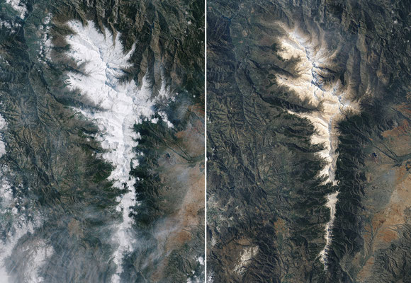 La Sierra Nevada, en Espagne, revêt un manteau neigeux orangé. Ou comment voyagent les poussières du Sahara. Le vent du sud qui a soufflé en Février a amené avec lui les poussière du Sahara qui se sont déposées sur les montagnes. 18 & 27 Février 2017.