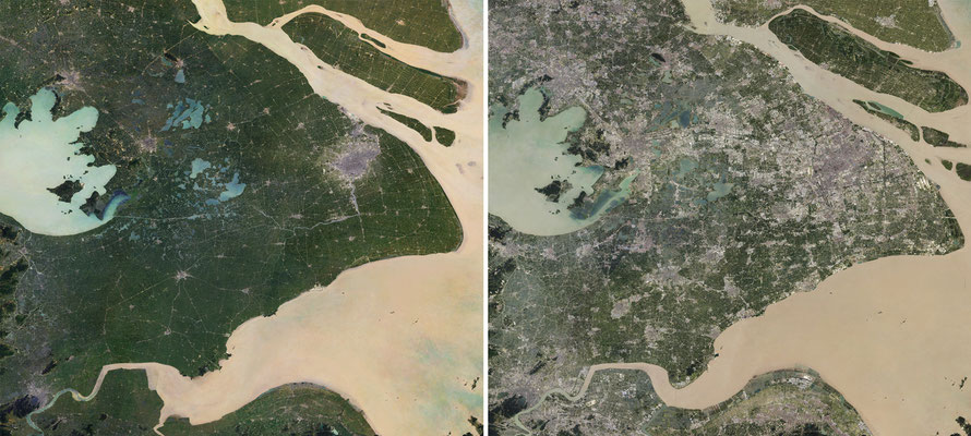 La croissance fulgurante de Shanghai. Un urbanisme qui grignote la campagne et le littoral. NASA Earth Observatory, 1984-2017.
