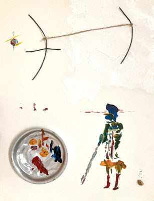 Looking for Something I Forgot 2025 41cm×31.8cm acrylicpainting, nail,  soil, plaster, aluminum plate, twine