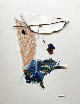 Thought Remains 2026 41cm×31.8cm Acrylic, gouache, burned fabric, aluminum, wire, twine on water-stretched paper and wood panel, partially peeled