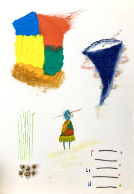 A moment 2025 51.5cm × 36.4cm acrylicpainting, fablic, nail, wire, Akadama soil