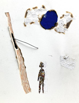 There Again 2026 41cm×31.8cm Acrylic, gouache, plaster, burned fabric, wire, soil on wood panel with partially peeled back paper