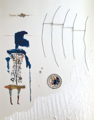 Release 2025 116.7cm×91cm acrylicpainting, wire, soil, plaster, aluminum plate, twine, ash