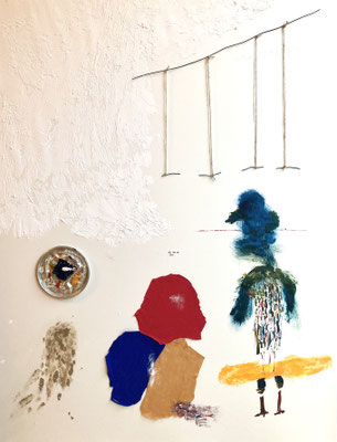 Fading 2025 116.7cm×91cm acrylicpainting, fablic, wire, soil, plaster, aluminum plate, twine