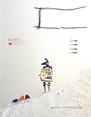 Gazing toward Silence 2025 41cm×31.8cm acrylicpainting, nail,  wire, plaster, fablic, twine