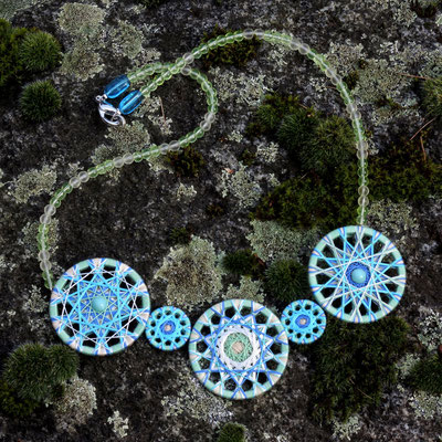 Zwirnknopf-Collier | 3 x Ø  36 mm , 2 x 20 mm | Material: Baumwolle, Aluminium, Glasperlen (böhmisch)
