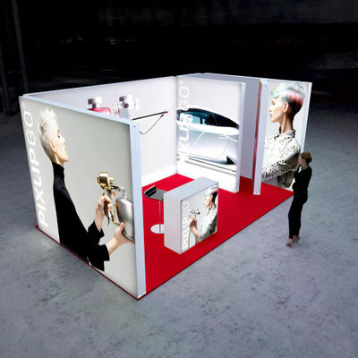Leucht-Messestand (Reihenstand) mit Stauraum + Tür und Messetheke