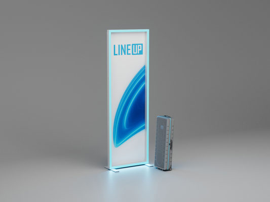 Mobile Leuchtstele mit RGB-Beleuchtung, Grafikbanner und Rollkoffer