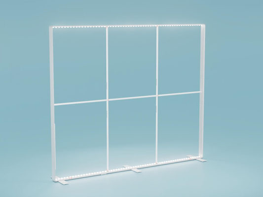 LED-Leucht-Messewand mit integrierter LED-Beleuchtung im oberen und unteren Profil