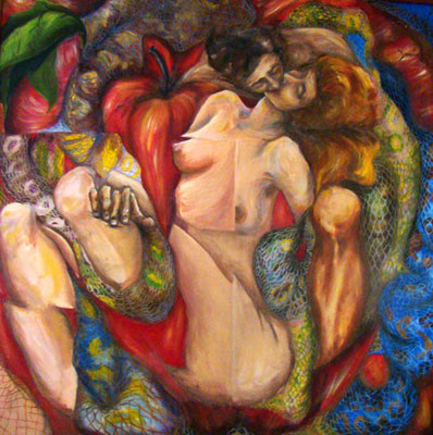 Adan y Eva 1, oleo sobre lienzo, 130 x 130 cm, Angeles y Mitos, Daniela Palacios